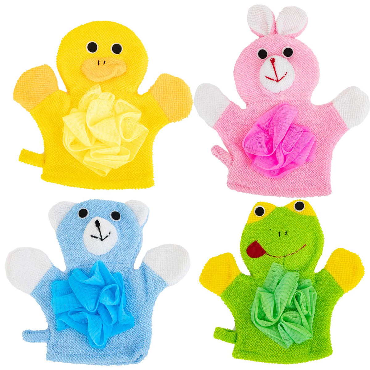 Azure Zone Cartoon Hand Puppet Bath Mitts, 4-Pack Animal Designs, Cotton, Multi-Color