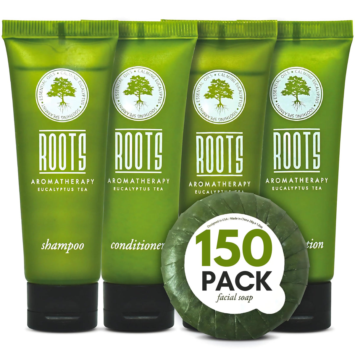 Roots Aromatherapy 150 Piece Travel Size Shampoo, Conditioner, Body Wash & Lotion Set