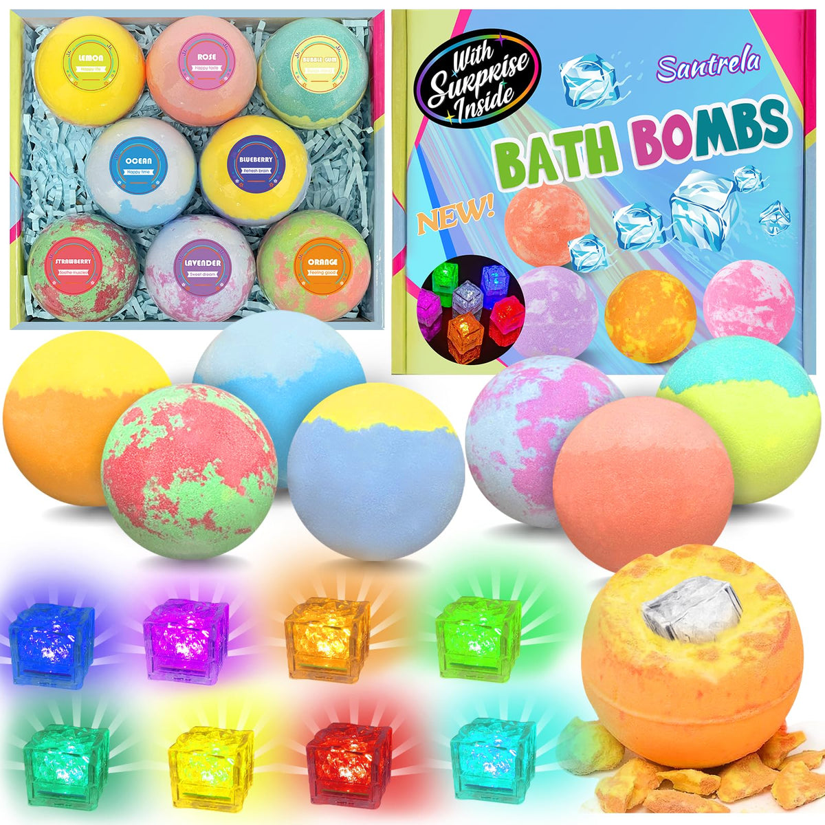 Santrela Bath Bombs For Kids - 8 Pcs Light Up Surprise Toys & Essential Oils Gift Set