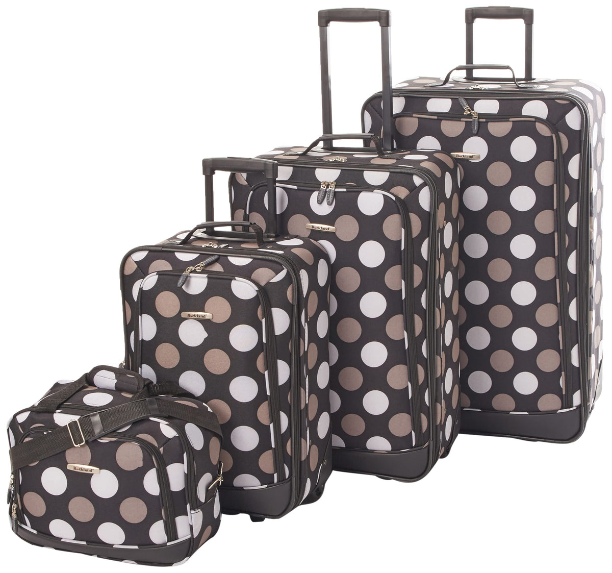 Rockland Escape 4-Piece Softside Luggage Set, Telescoping Handles, Black Dot (14/19/24/28