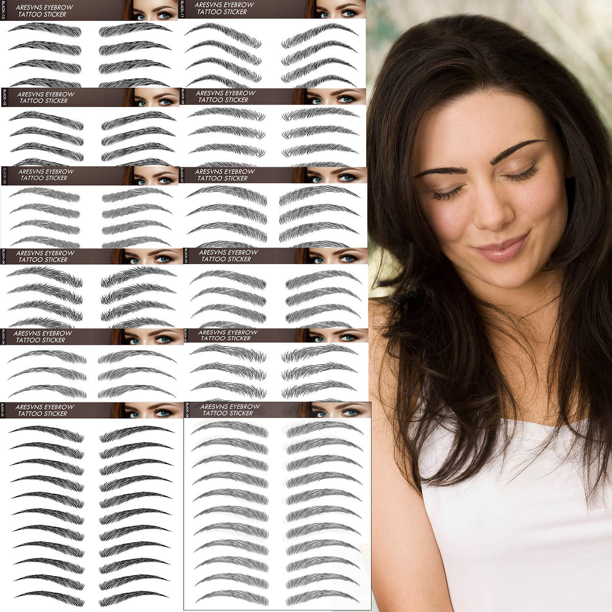 Aresvns 4D Black Eyebrows Tattoo Sticker - 132 Pairs, Waterproof, Long-Lasting, Lifelike Shapes