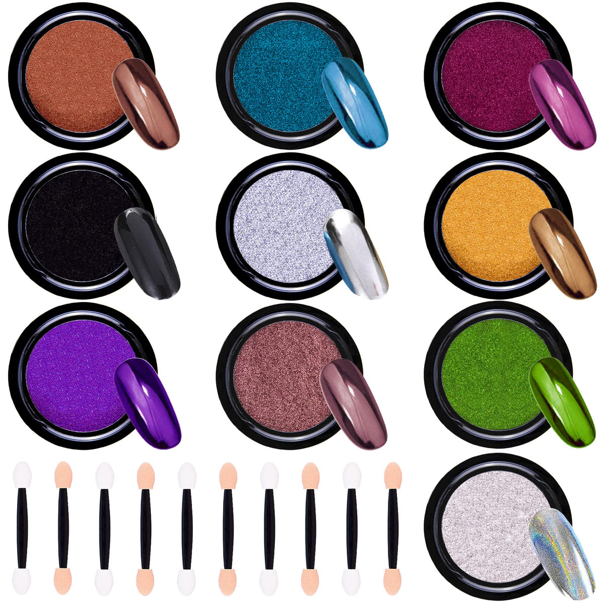 Duufin Chrome Nail Powder Set - 10 Jars Metallic Mirror Effect with Eyeshadow Sticks