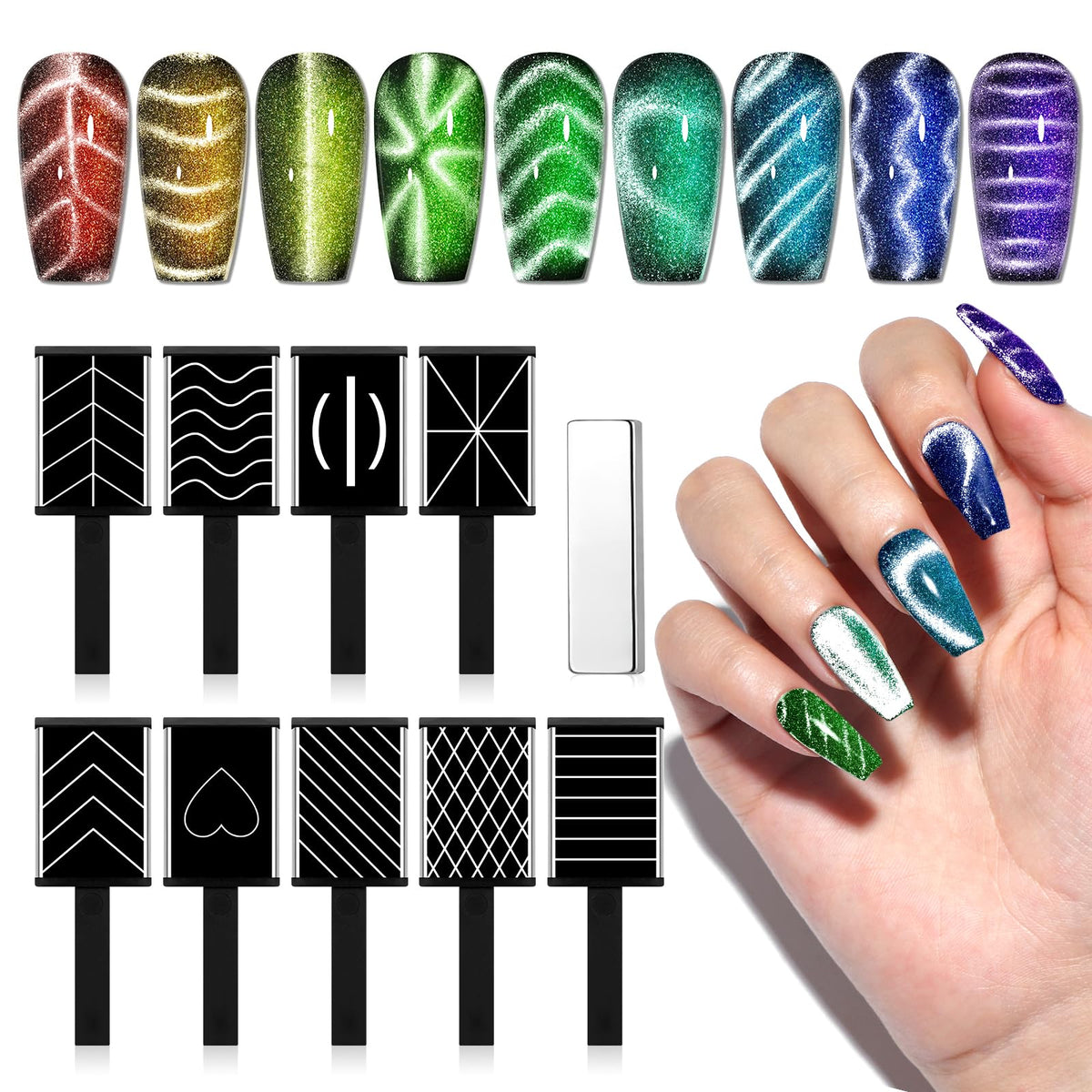 Saviland Cat Eye Nail Magnet Set - 10Pcs Magnetic Wand For Diy Nail Art & Salon Use