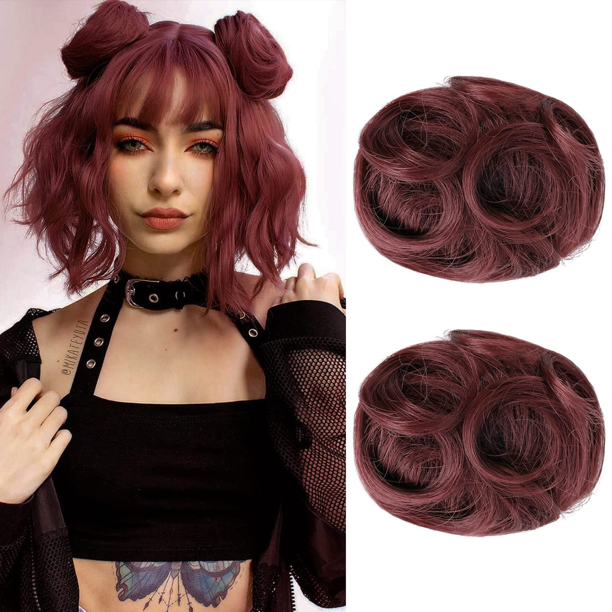 Reecho 2 Pcs Burgundy Mini Claw Clip Hair Bun Extensions For Women & Girls - 3.5&quot; Wavy