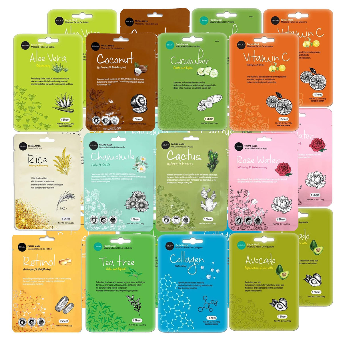 Celavi Essence Facial Mask 24 Pack - K-Beauty Moisturizing Skin Care Set