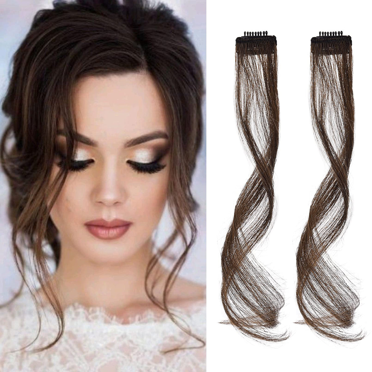 REECHO Wavy Curly Clip-in Bangs, 12 Inch Dark Brown with Copper Highlight, 2 PCS Set for Women