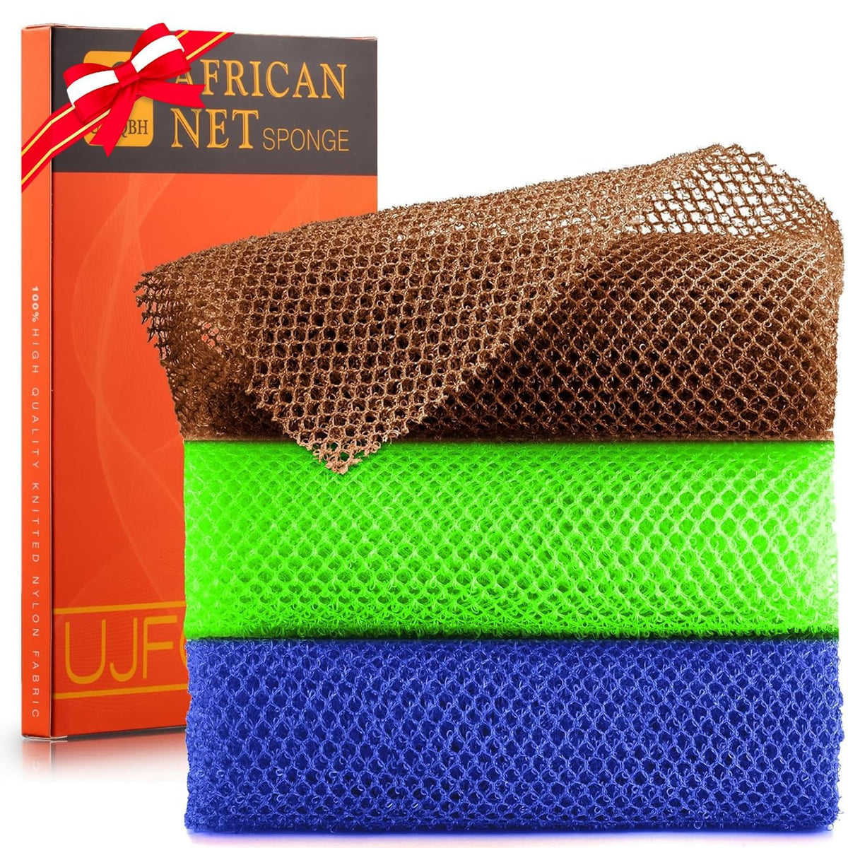 Ujfqbh 3-Piece African Bath Sponge Set - Exfoliating Shower Scrubber In Brown, Blue, Green