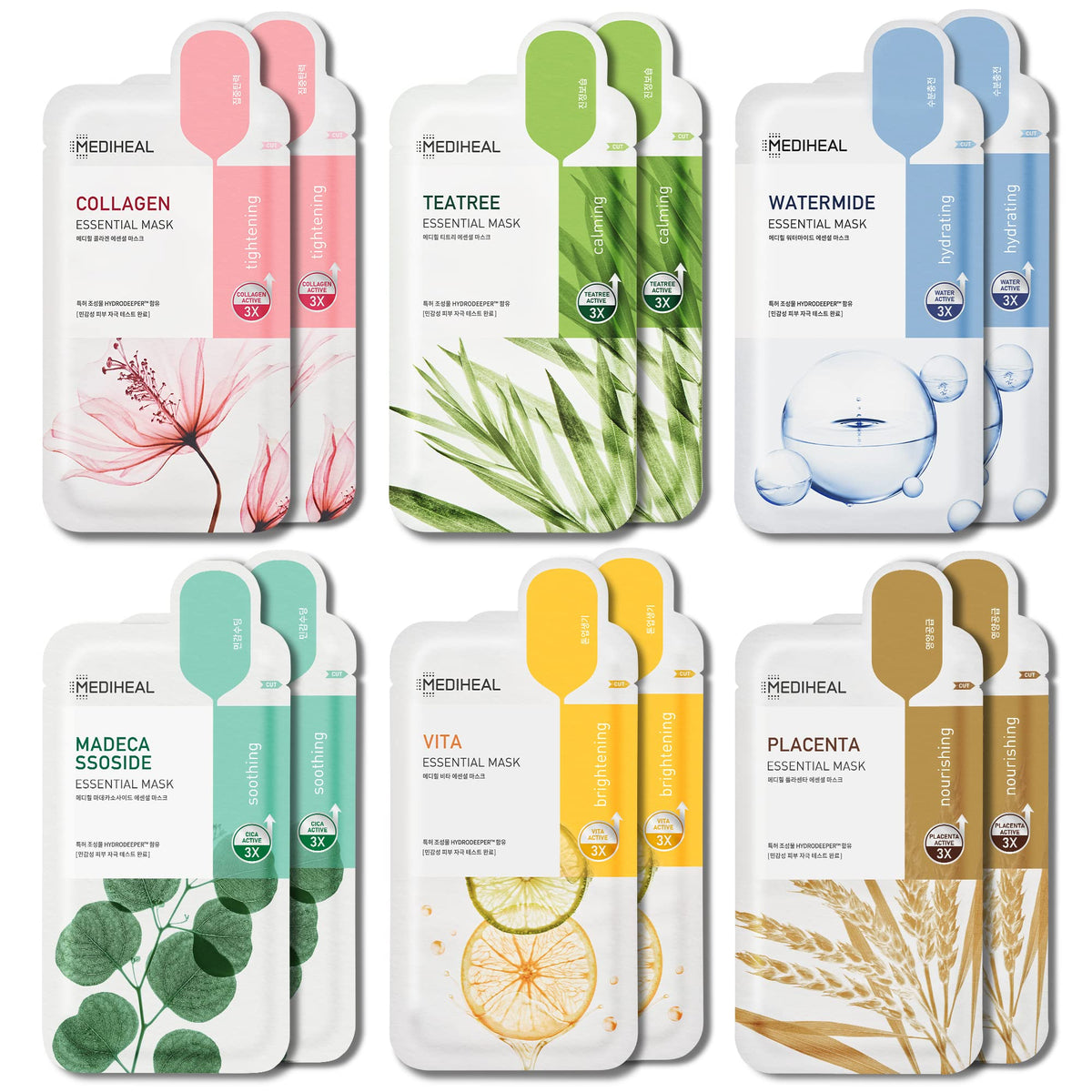 Mediheal 12 Pack Sheet Masks - Collagen, Tea Tree, Placenta, Madecassoside, Moisturizing & So