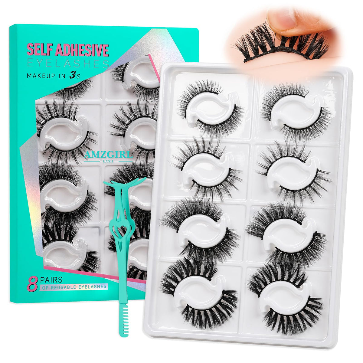 Amzgirl Lash Self Adhesive Eyelashes - 8 Pairs Reusable, Waterproof Wispy, Diy Lash Extension