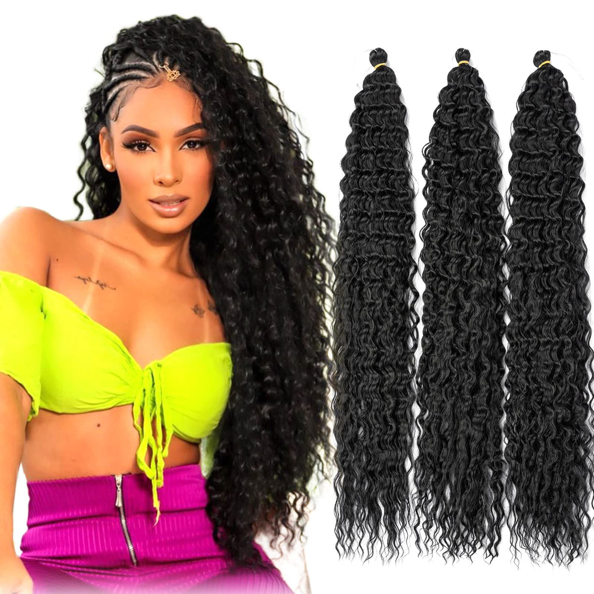 Batisi 30&quot; Ocean Wave Crochet Hair 3 Packs #1B Black Synthetic Curly Braids For Women