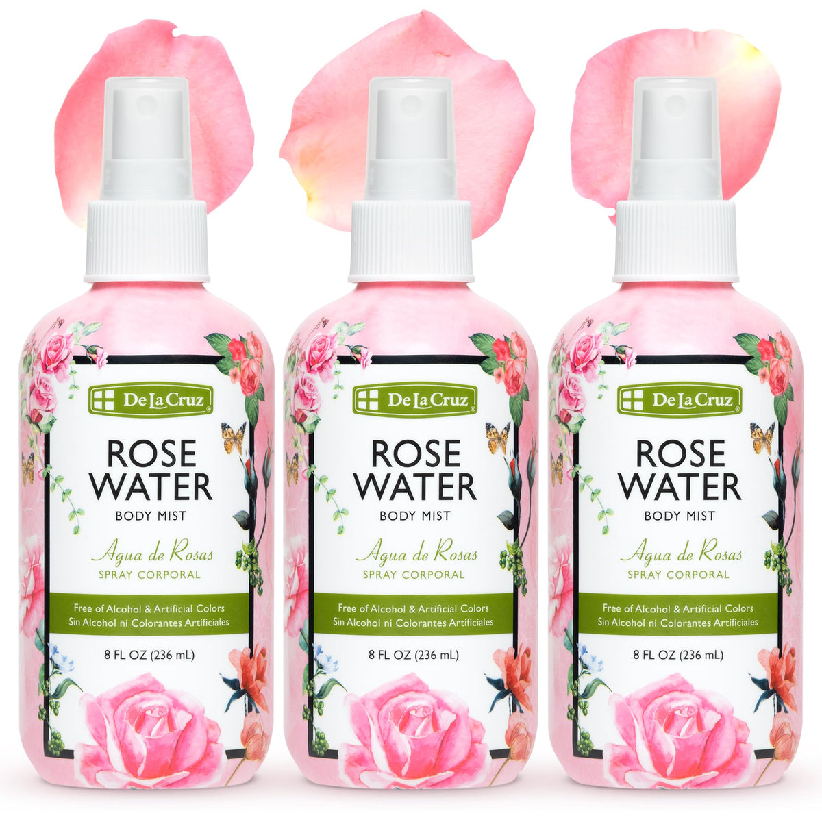 De La Cruz Rose Water Body Mist - Hydrating Spray For Face, Skin & Hair, 8 Fl Oz (3 Pack)