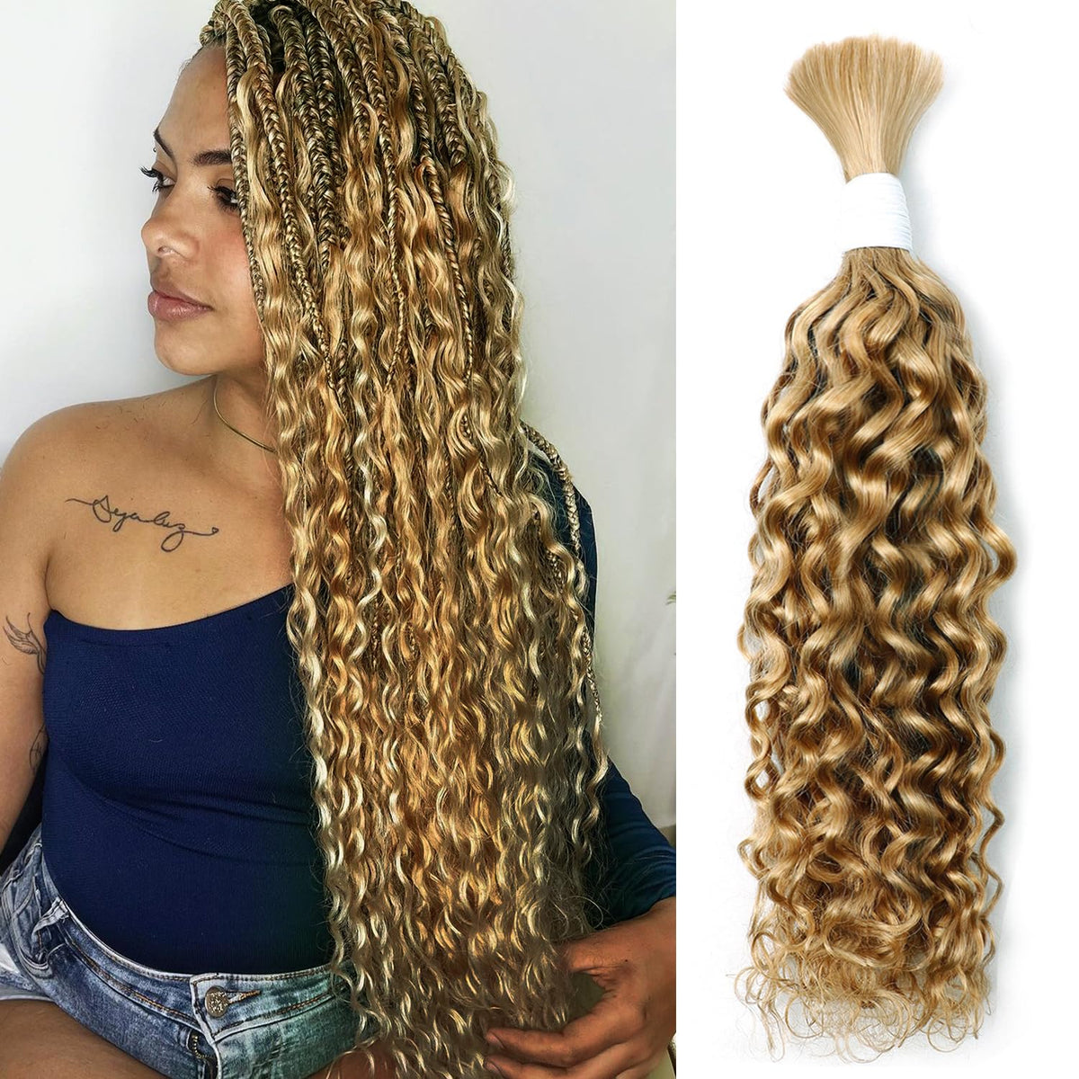 Liqusee 16&quot; Water Wave #27 Human Braiding Hair - 100G Bulk No Weft For Boho Braids