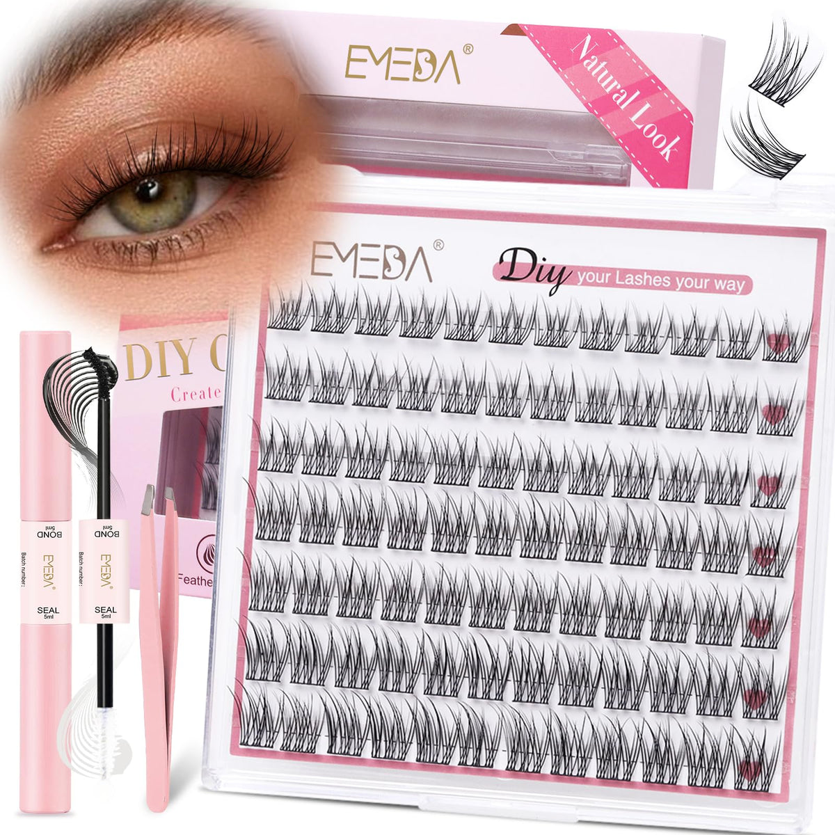 Emeda Natural Lash Clusters Kit, Short 10-13Mm Wispy C Curl Individual Lashes, Waterproof Bond