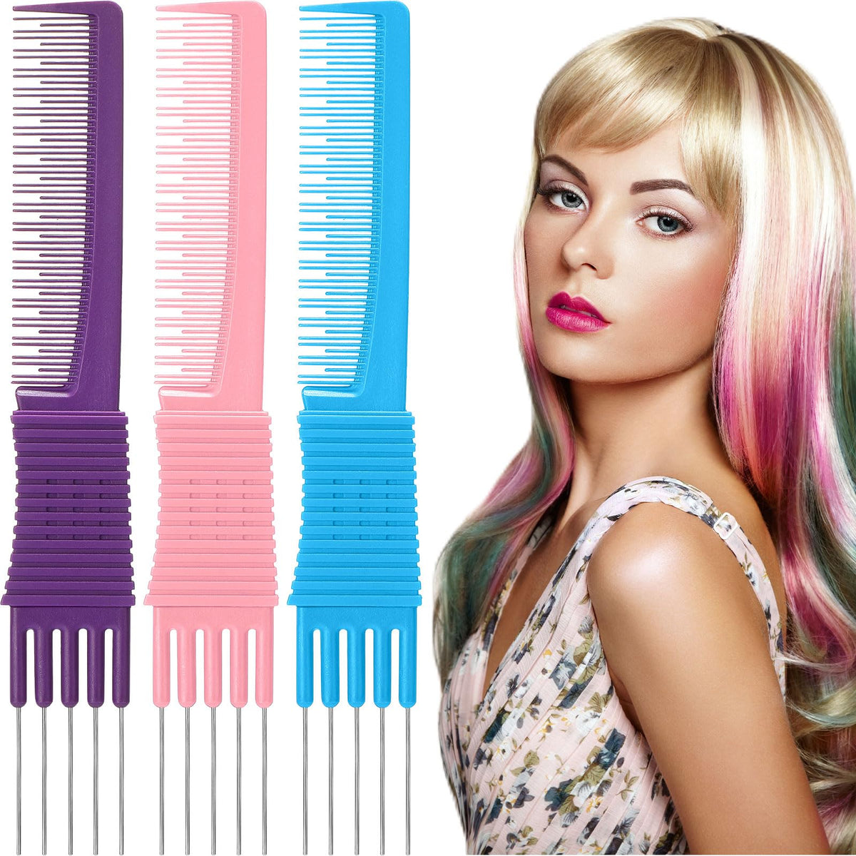 Leinuosen 3 Pack Carbon Teasing Combs with Metal Prong for Hair Styling - Blue, Pink, Purple