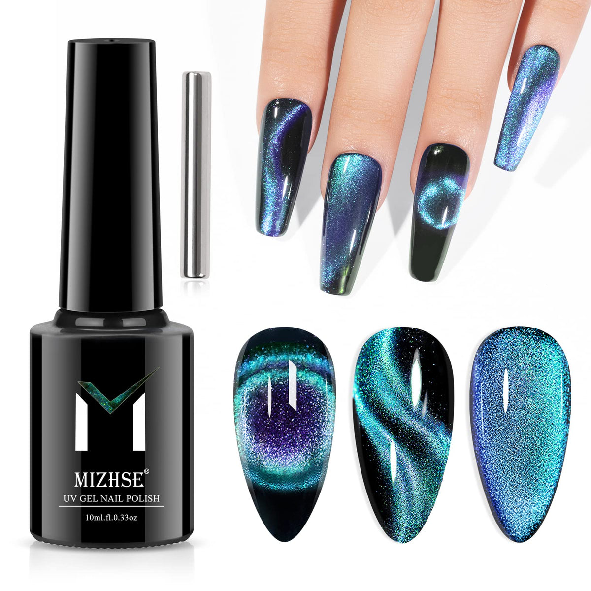 Mizhse 9D Cat Eye Gel Nail Polish 10Ml, Holographic Magnetic Manicure Set, Cyan