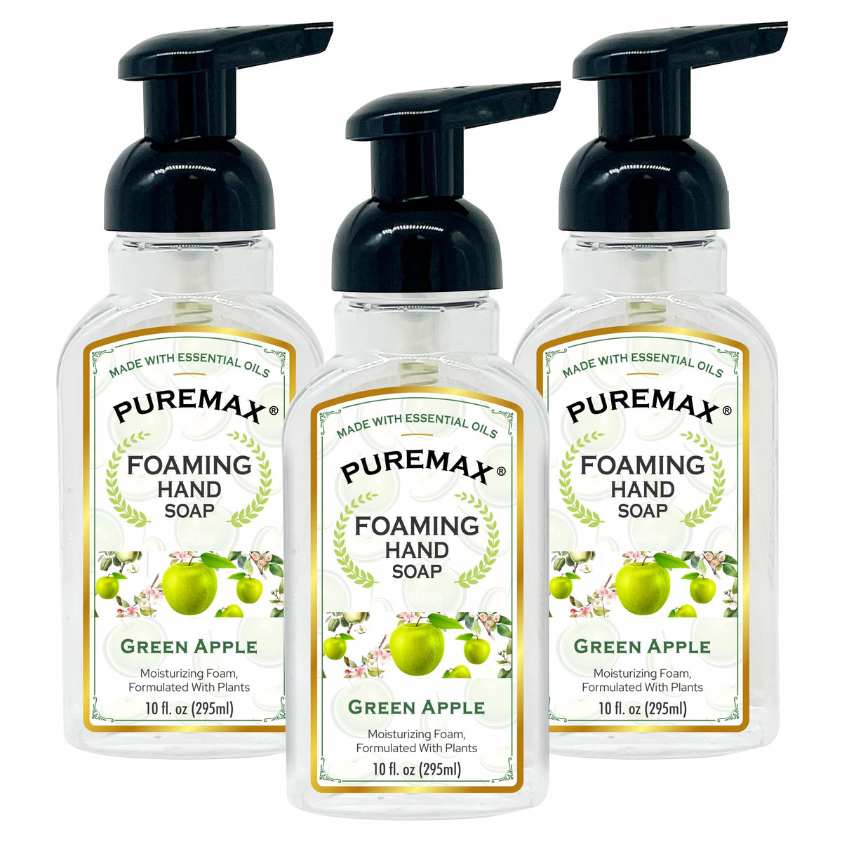 Puremax Foaming Hand Soap - Green Apple, Moisturizing, All-Natural, 10 Fl Oz (Pack Of 3)