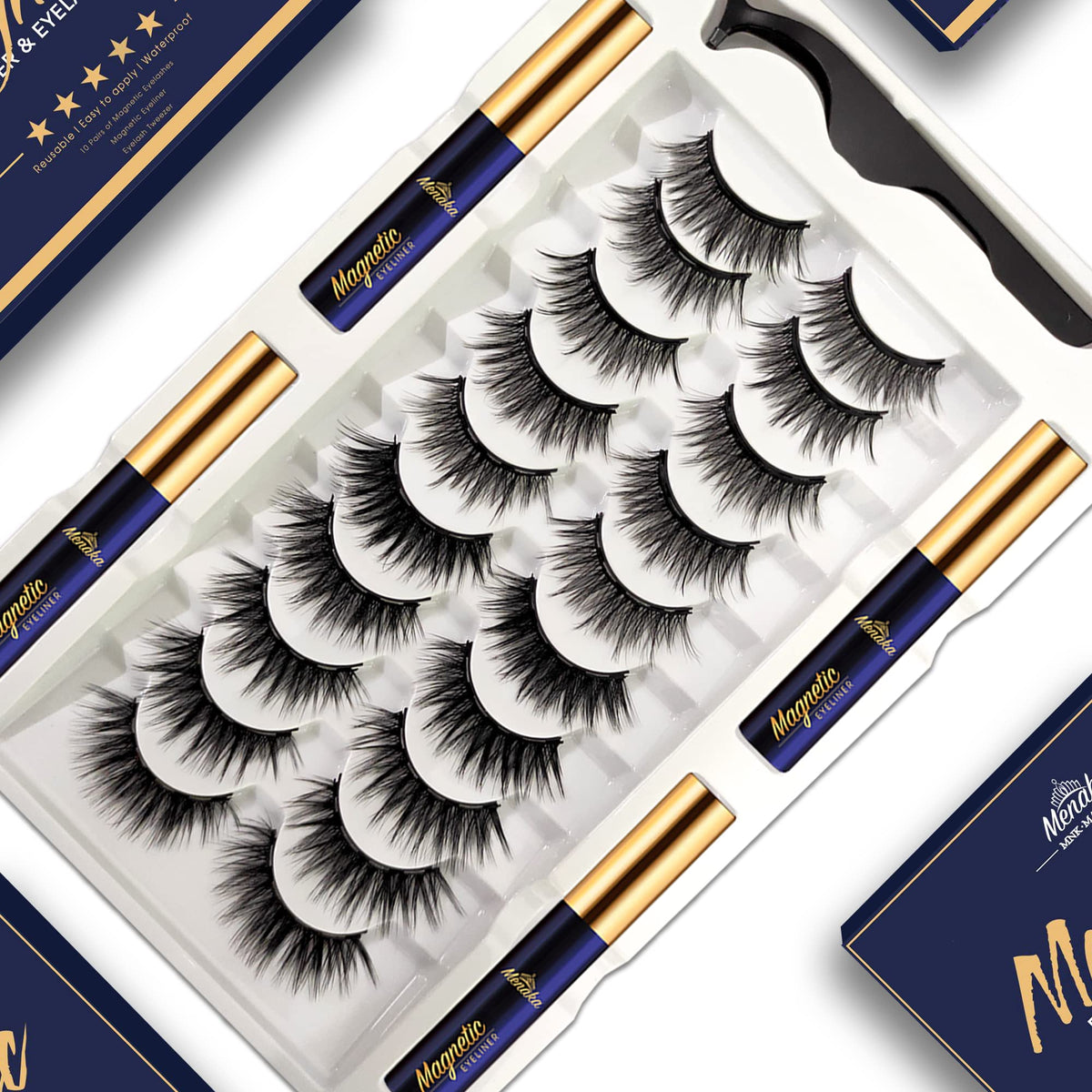 Menaka Magnetic Eyelashes With Eyeliner Kit - 10 Pairs 3D Reusable Lashes & Strong Liner