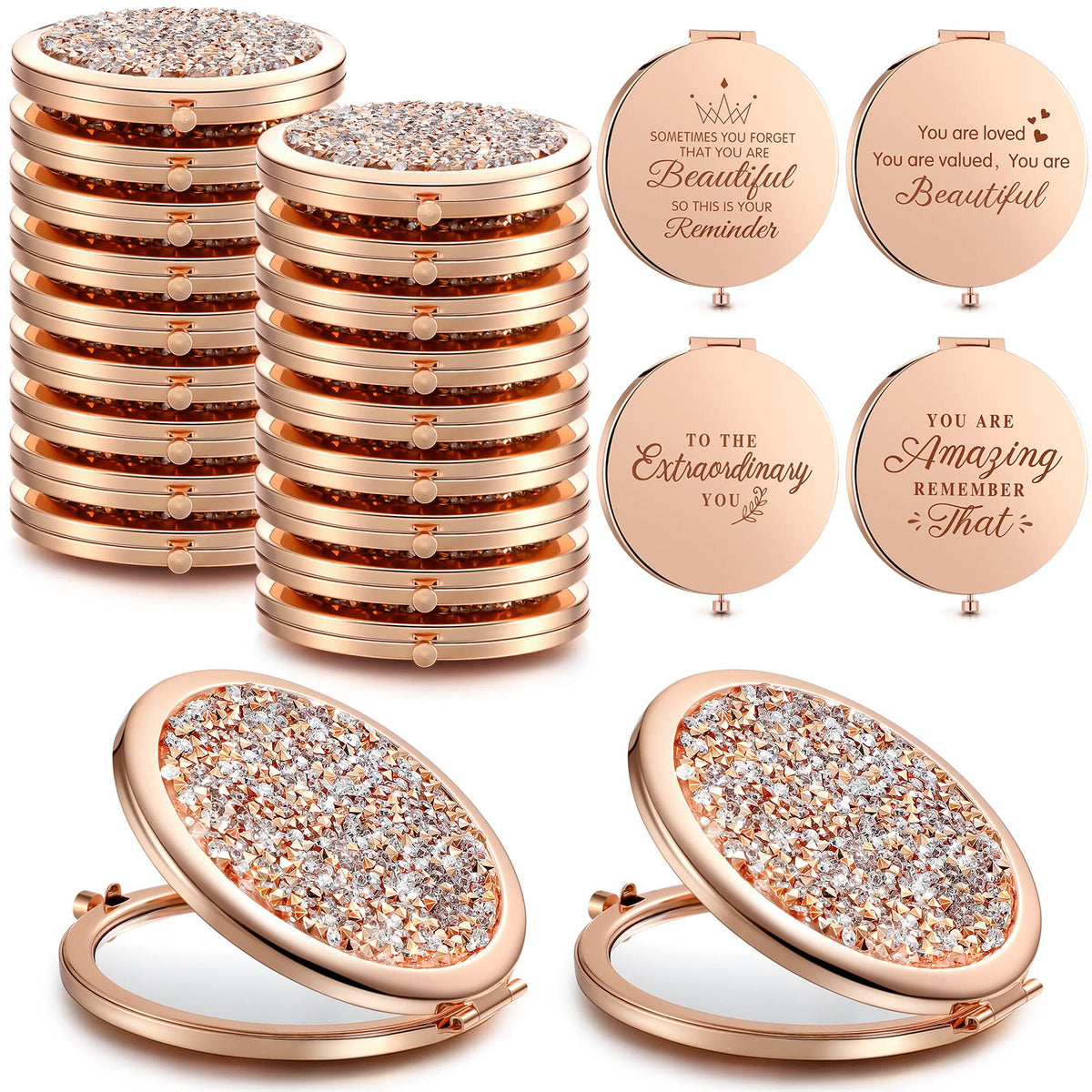 Roowest 16-Piece Rose Gold Pocket Mirror Set - Inspirational Travel Compact Mirrors For Women & Girls