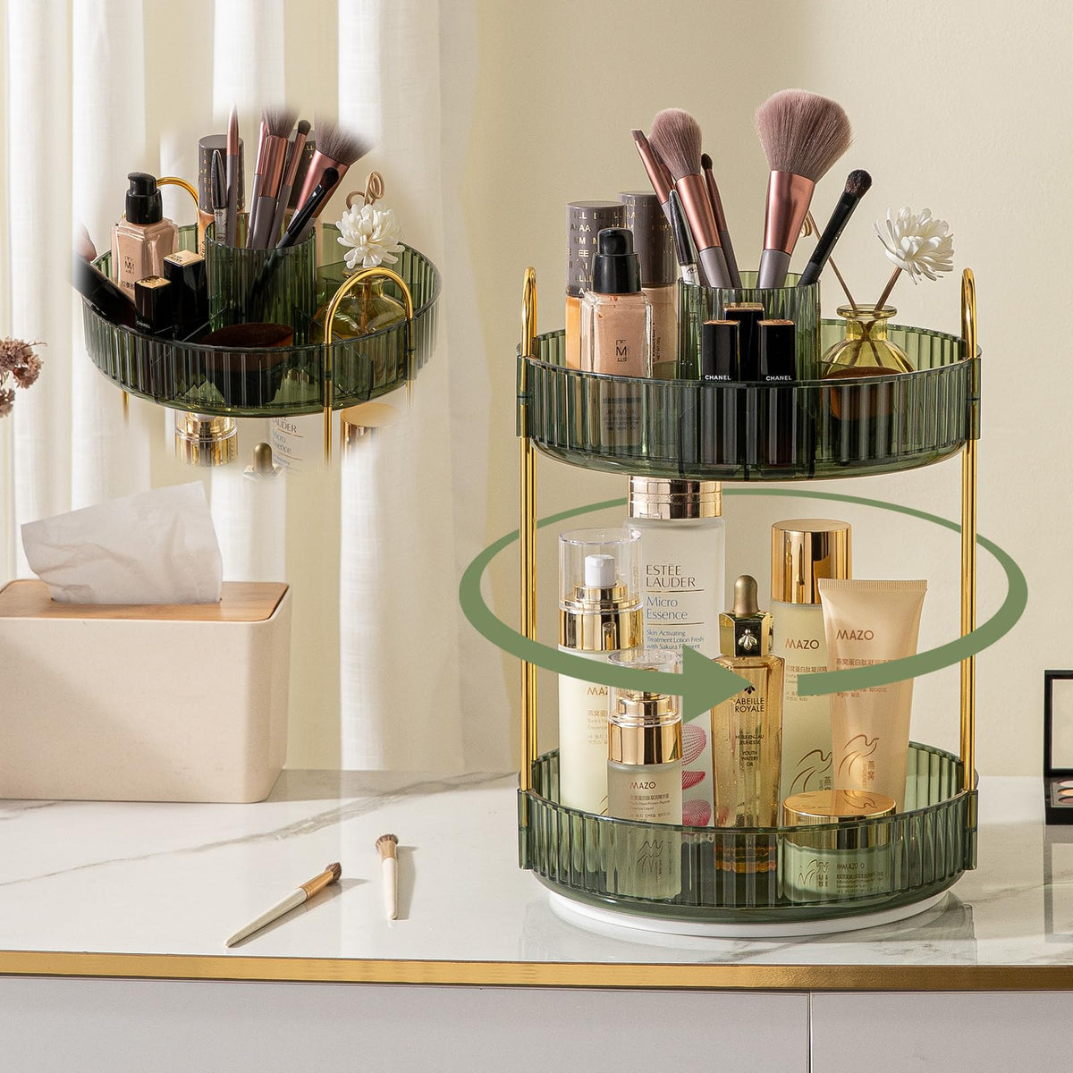 Shuang Qing 360° Rotating Makeup Organizer - Gem Green 2 Tier Skincare & Cosmetic Storage