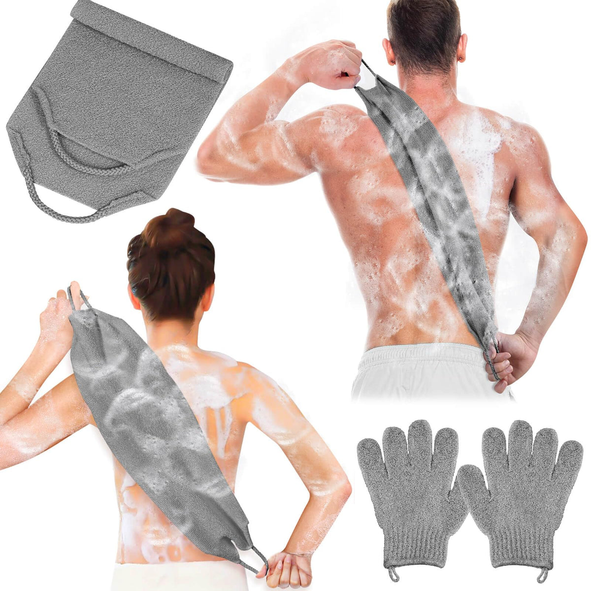 Anezus Exfoliating Back Scrubber Gloves Set - Grey Nylon Body Scrub Wash Towels (3 Pack)