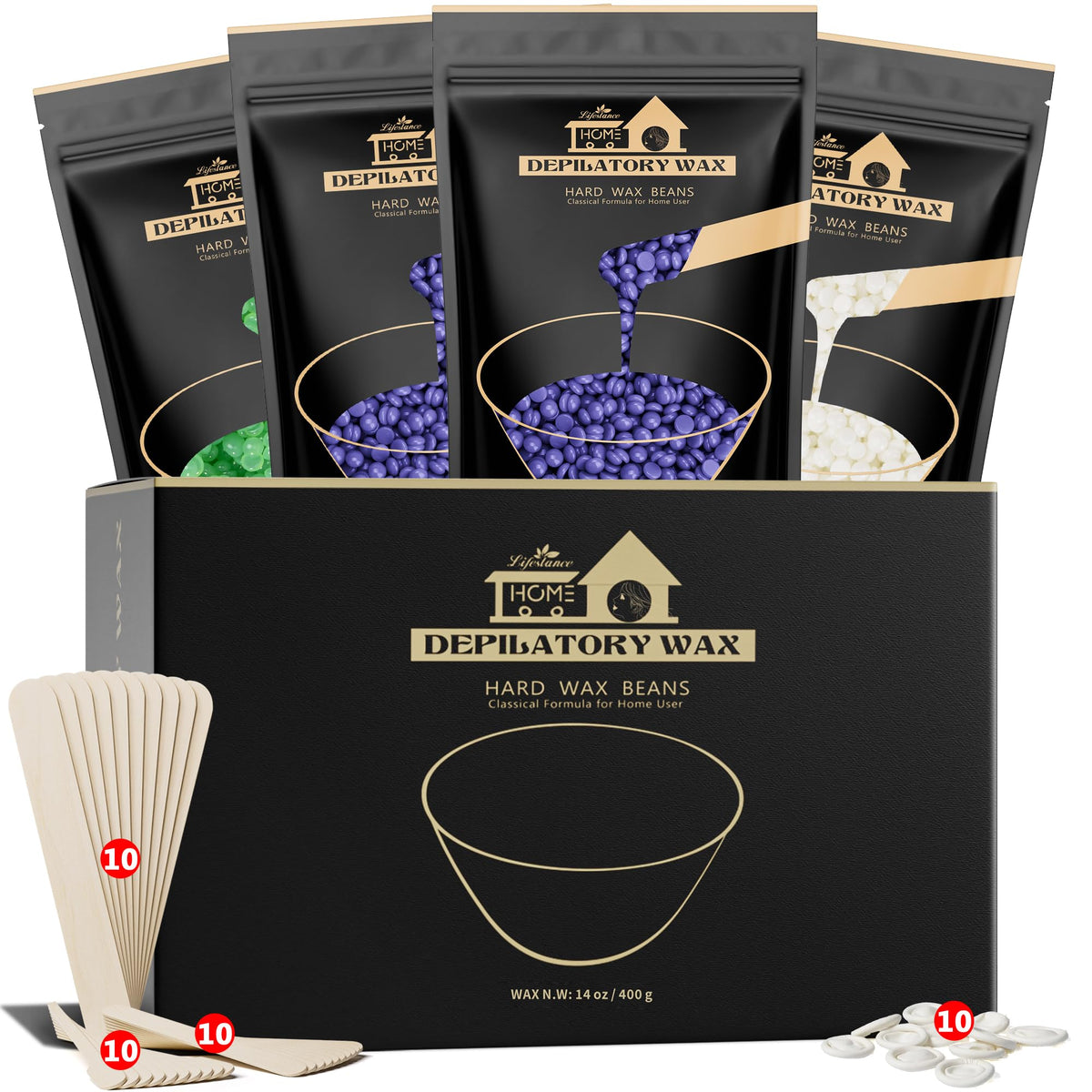 Lifestance Wax Beads Set - 4 Hard Wax Beans & 44 Spatulas For Eyebrow, Face & Body Hair