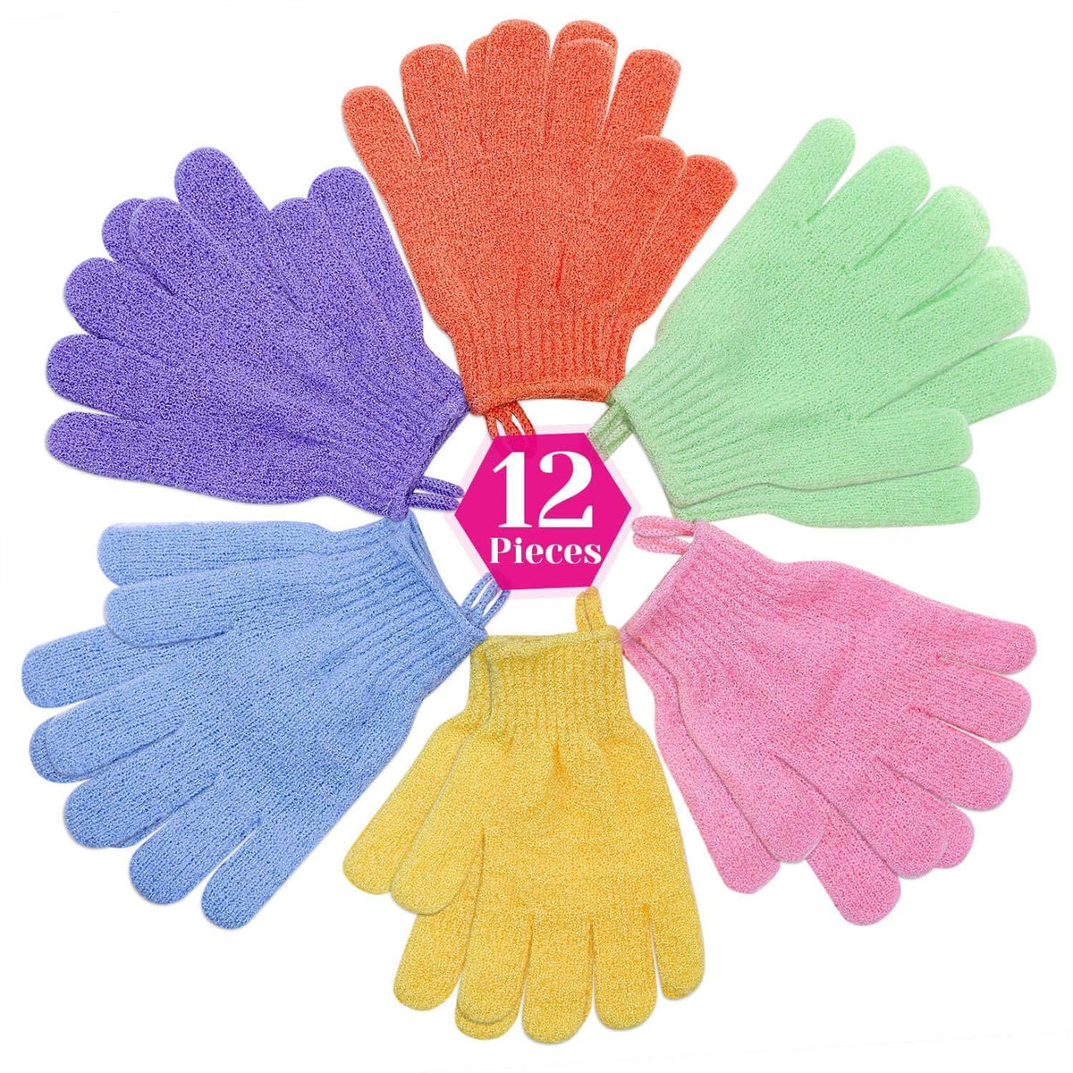 Anezus Exfoliating Gloves - 6 Pairs Shower Scrub Bath Loofah, Dead Skin Remover, 6 Colors