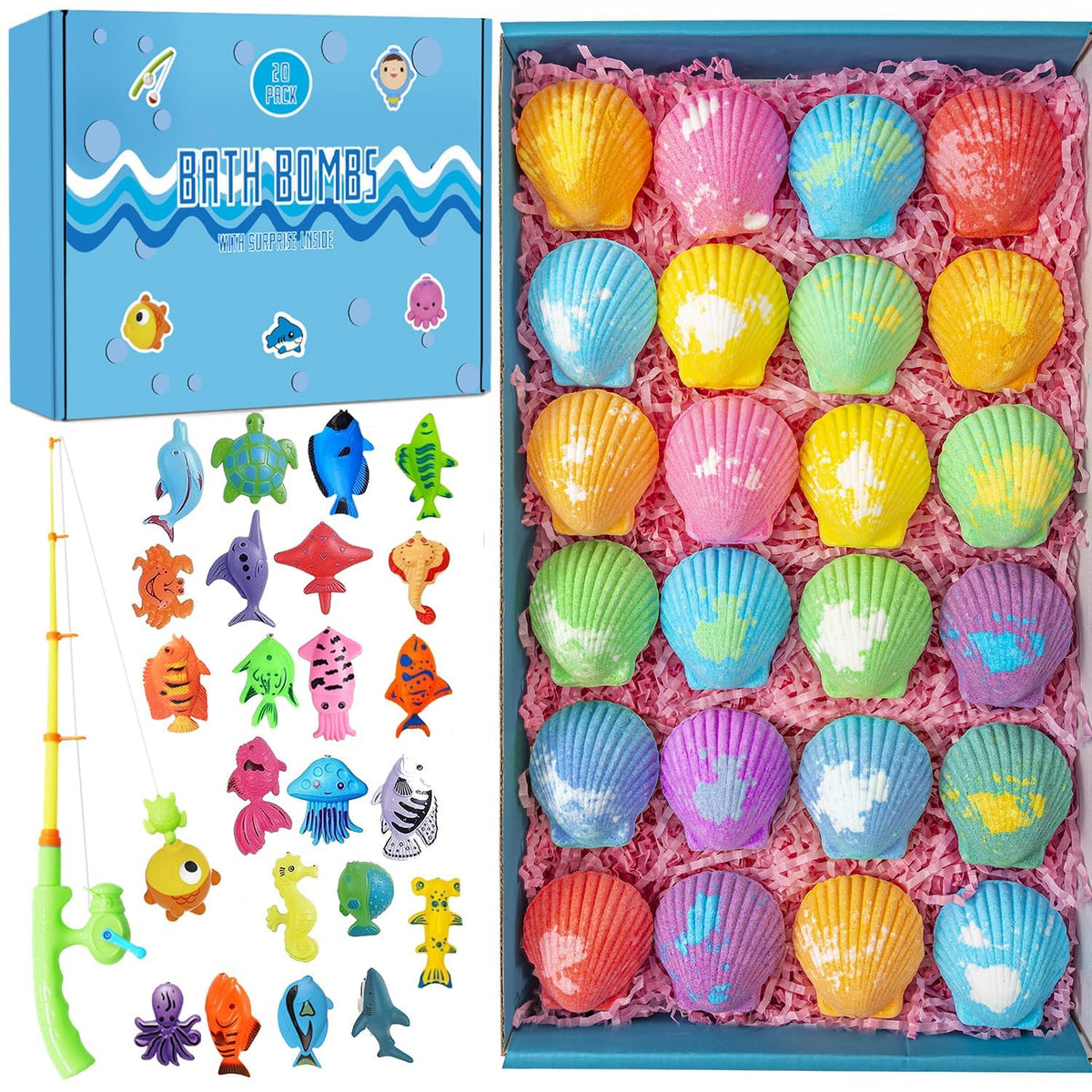 Kims Cosiart Bath Bombs For Kids - 20 Shell Fizzies With Surprise Fishing Games - Gift Set