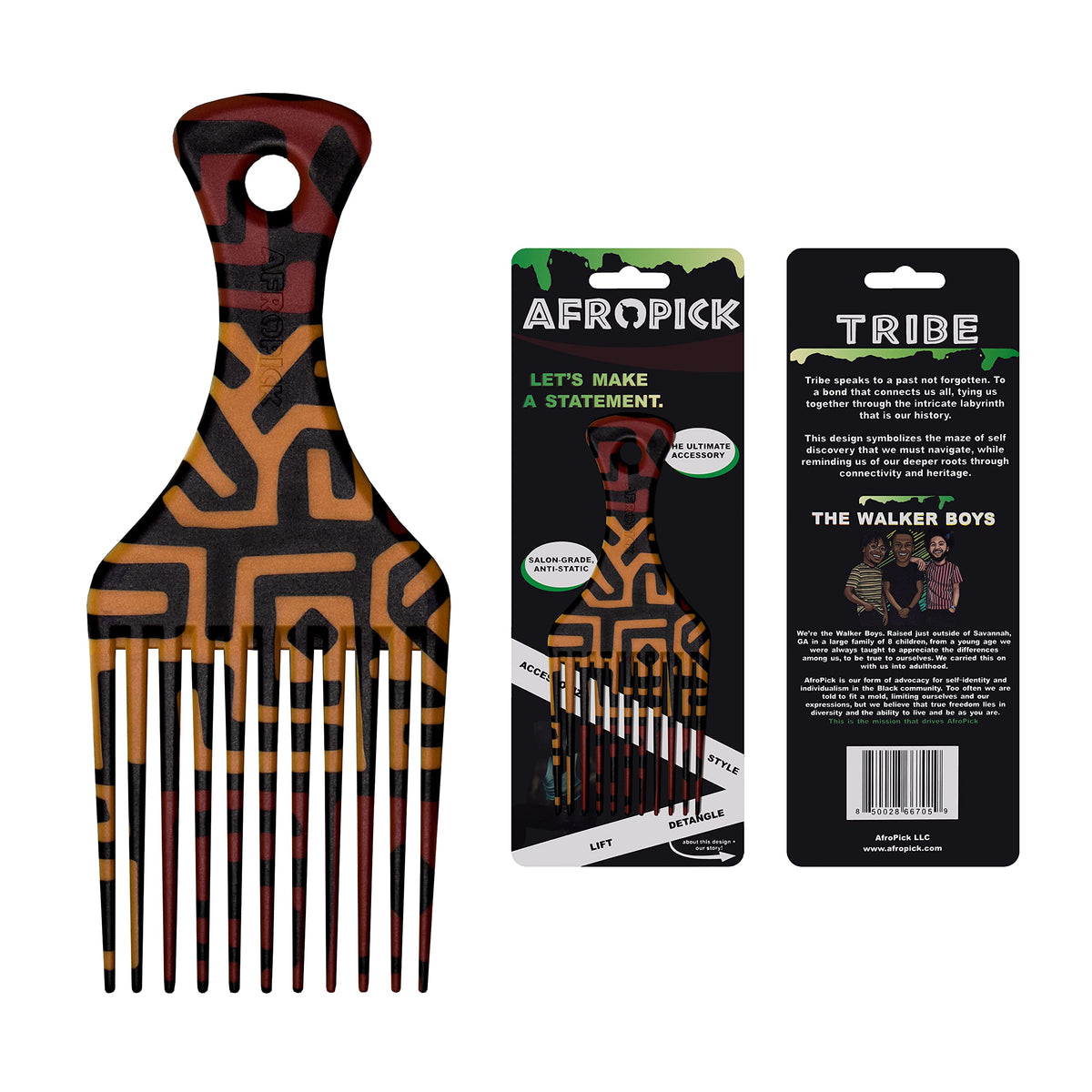 Afropick Anti-Static Hair Pick Comb For Natural Curly Hair - Multicolor African Designs