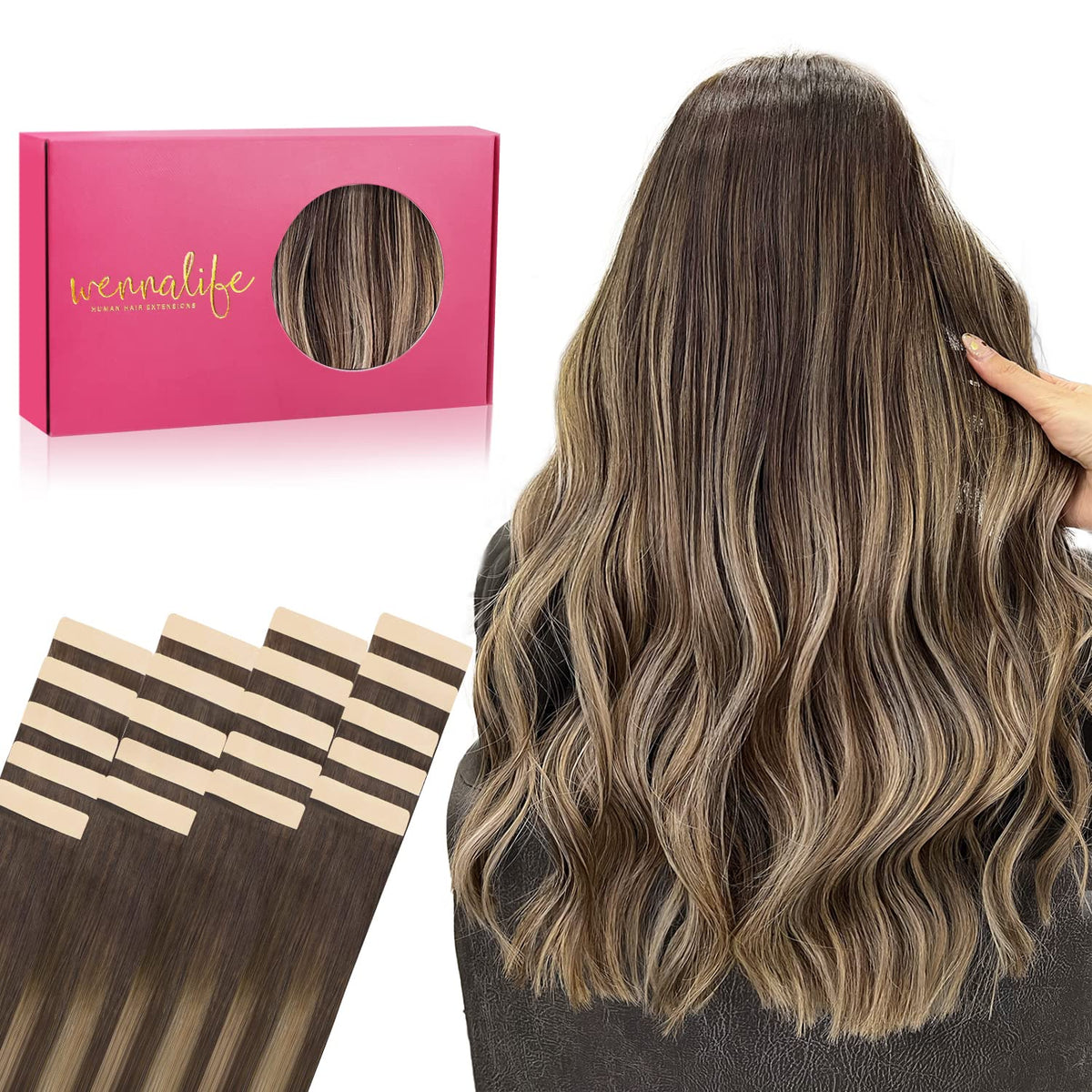 WENNALIFE 10 Inch Tape in Hair Extensions, 20pcs 30g Balayage Chocolate Brown to Honey Blonde