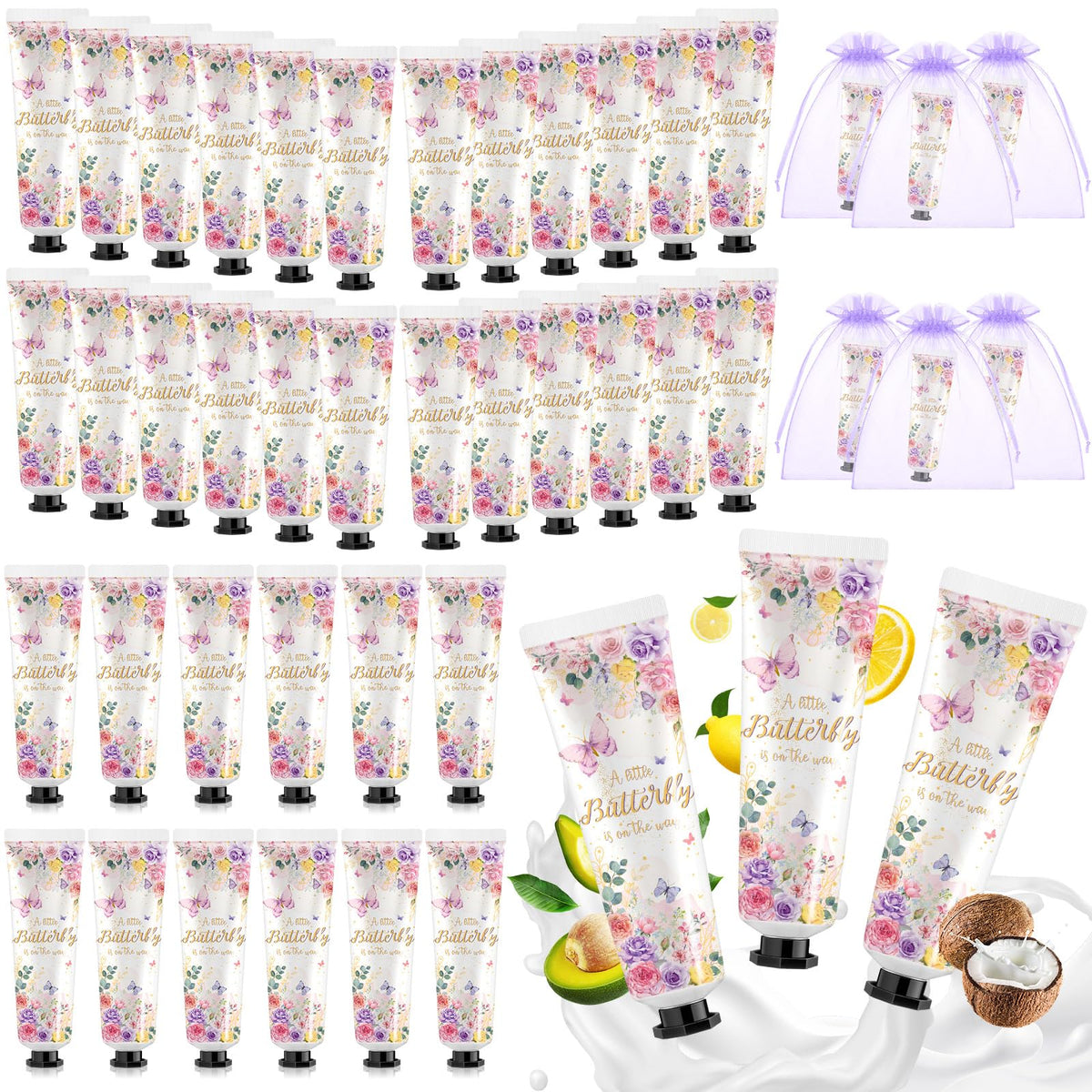 Swiffen Baby Shower Hand Cream Favors - 48 Travel Size Lotion With Organza Bags, Butterfly Theme