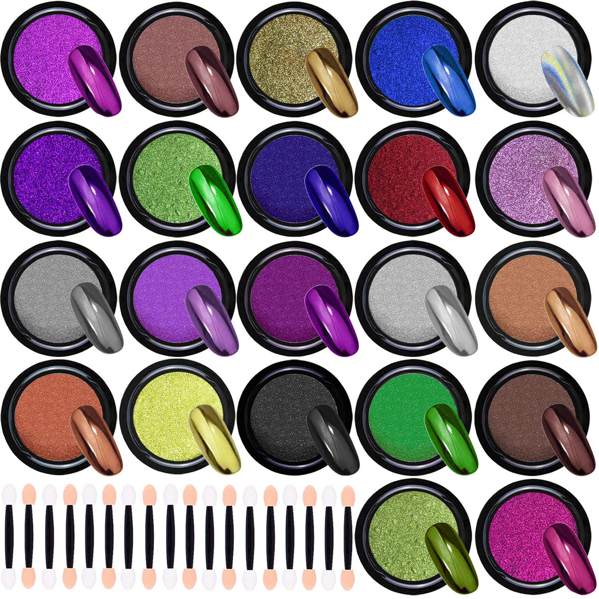 Duufin 22 Colors Chrome Nail Powder Set - Metallic Mirror Effect with 22 Eyeshadow Sticks