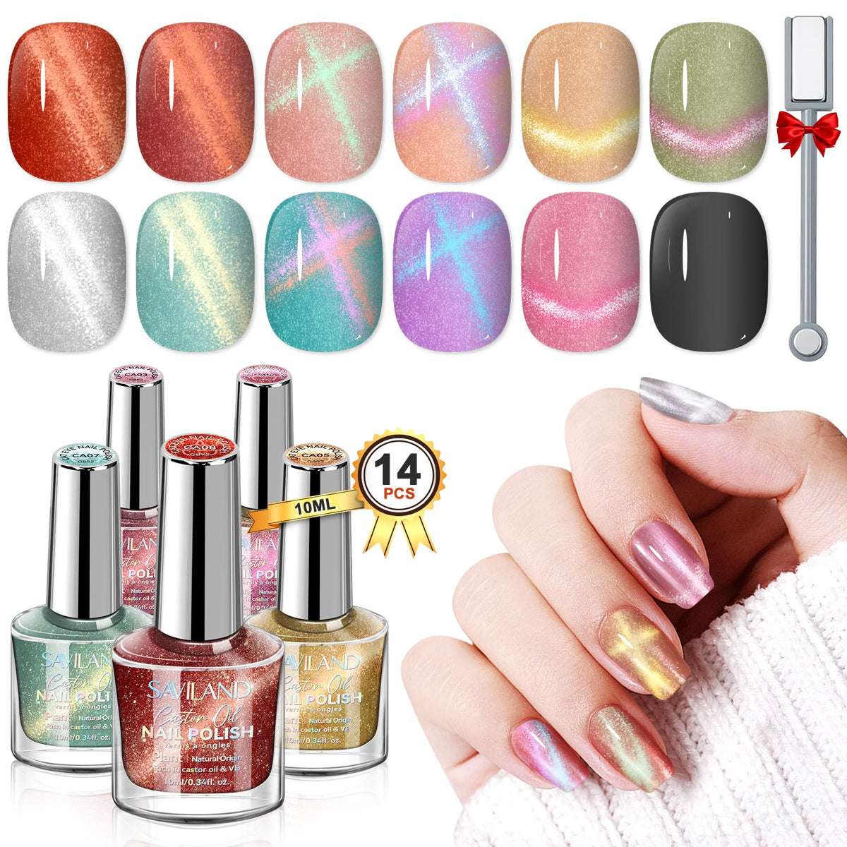 Saviland Cat Eye Nail Polish Set - 12 Colors Magnetic Glitter Quick Dry Vegan Nail Lacquer