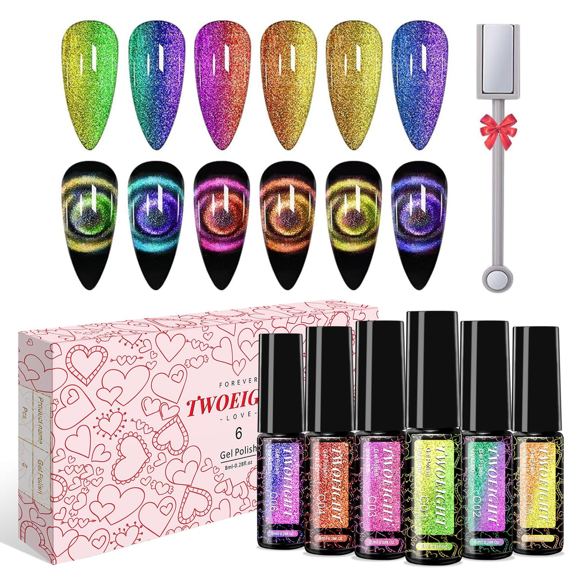 Twoeight 9D Cat Eye Gel Nail Polish Set - 6 Classic Colors With Magnets, Soak Off Nail Art