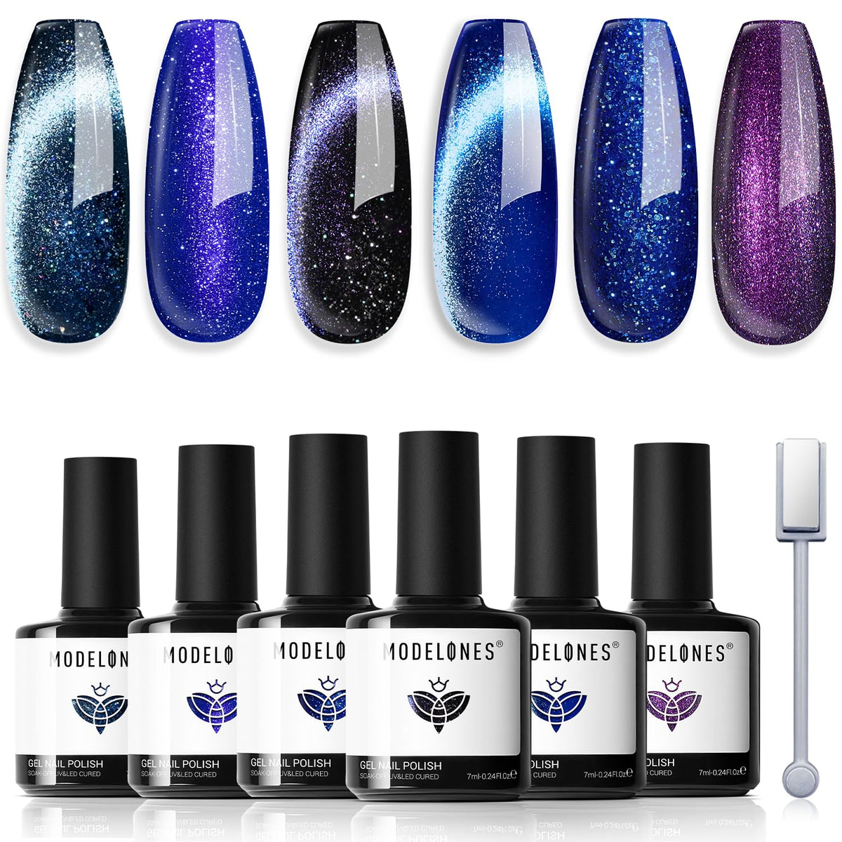 Modelones Cat Eye Gel Nail Polish Set, 6 Colors Glitter Soak Off - Midnight Hues