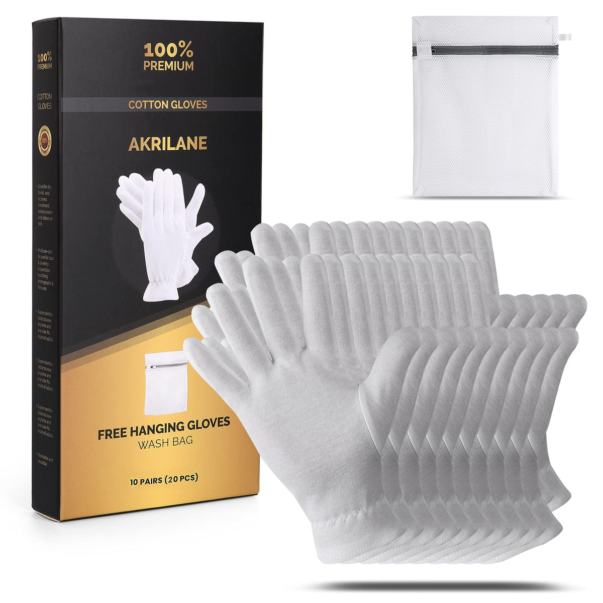 Akrilane 100% Cotton Moisturizing Gloves For Eczema & Psoriasis - Washable, 10 Pairs