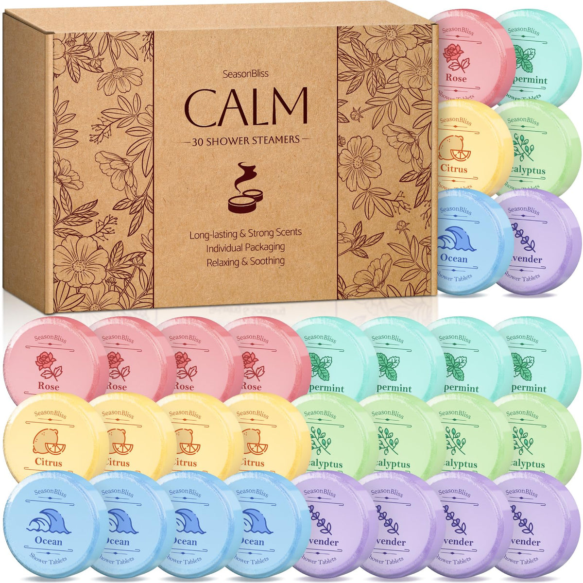 Seasonbliss Shower Steamers, 30 Pack With 6 Scents - Perfect Gift For Relaxation And Self-Care