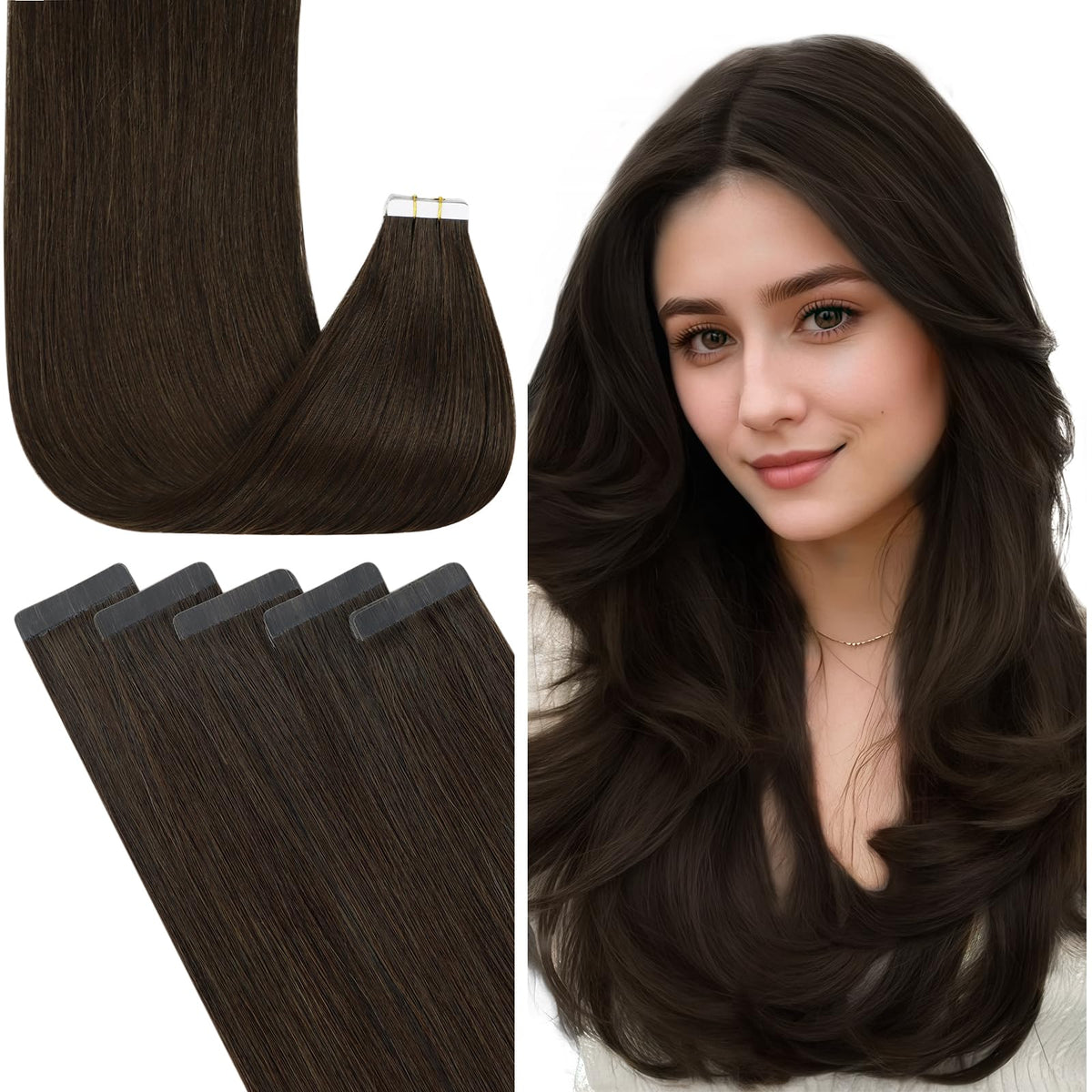 Fshine 18&quot; Darkest Brown Tape In Hair Extensions, 20Pcs Remy Human Hair, Straight, 50G