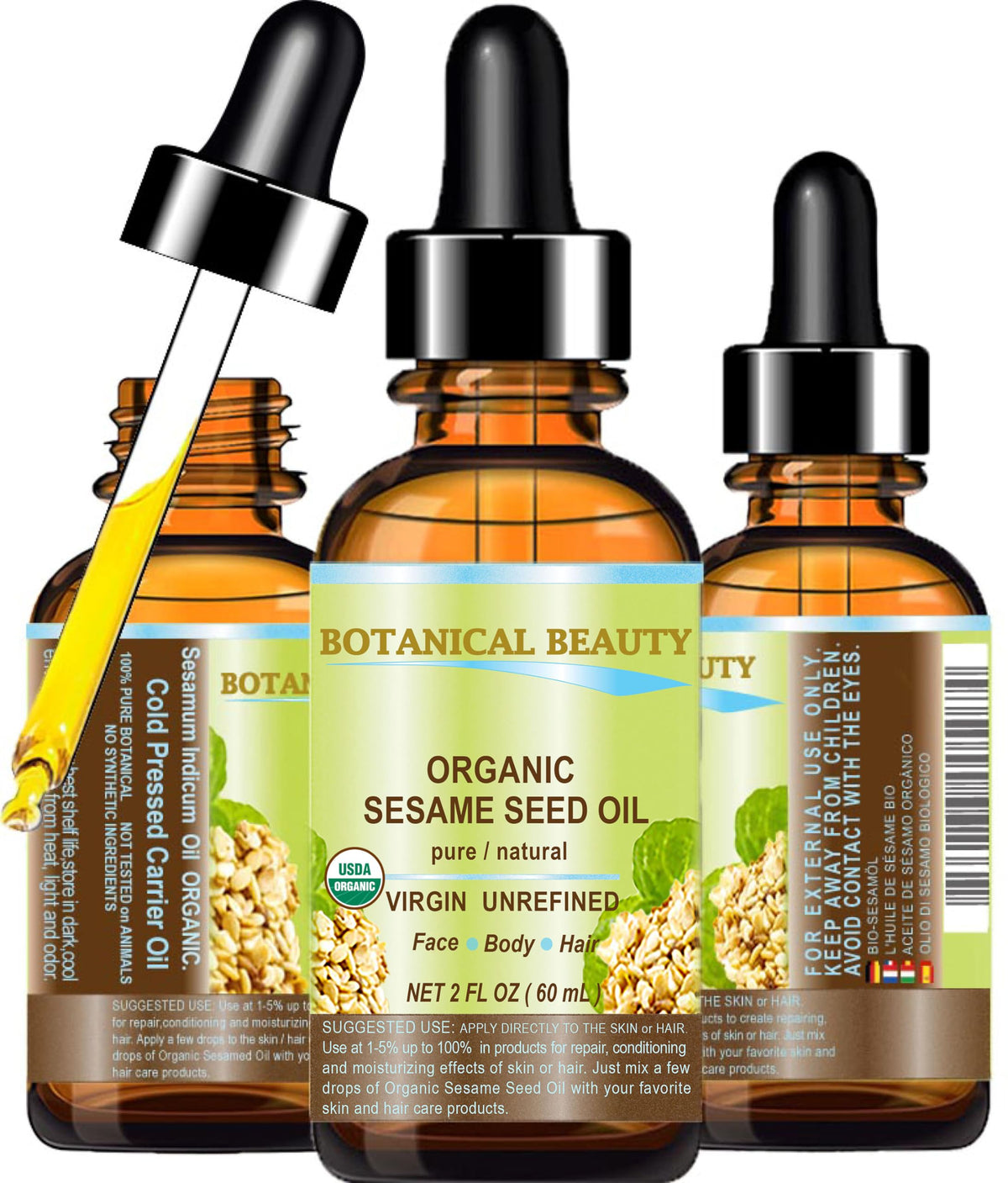 Botanical Beauty Organic Sesame Seed Oil - 100% Pure Cold Pressed Carrier Oil For Skin & Hair, 2 Fl Oz