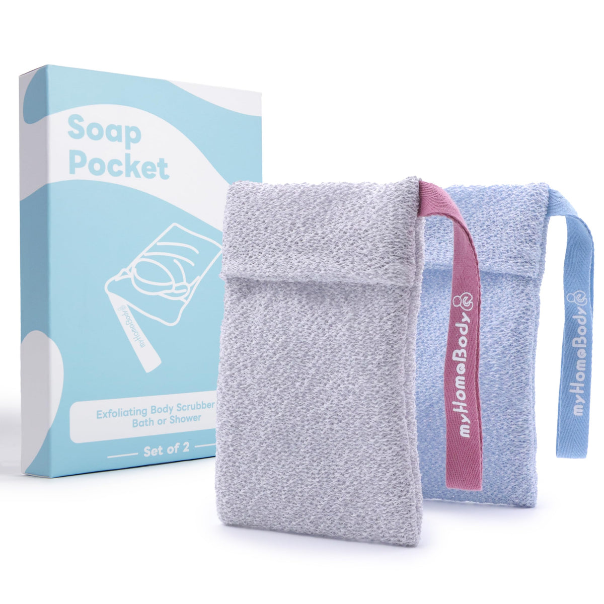 Myhomebody Exfoliating Soap Pocket - 2 Pack, Light Blue & Gray, Bar Soap Saver Pouch