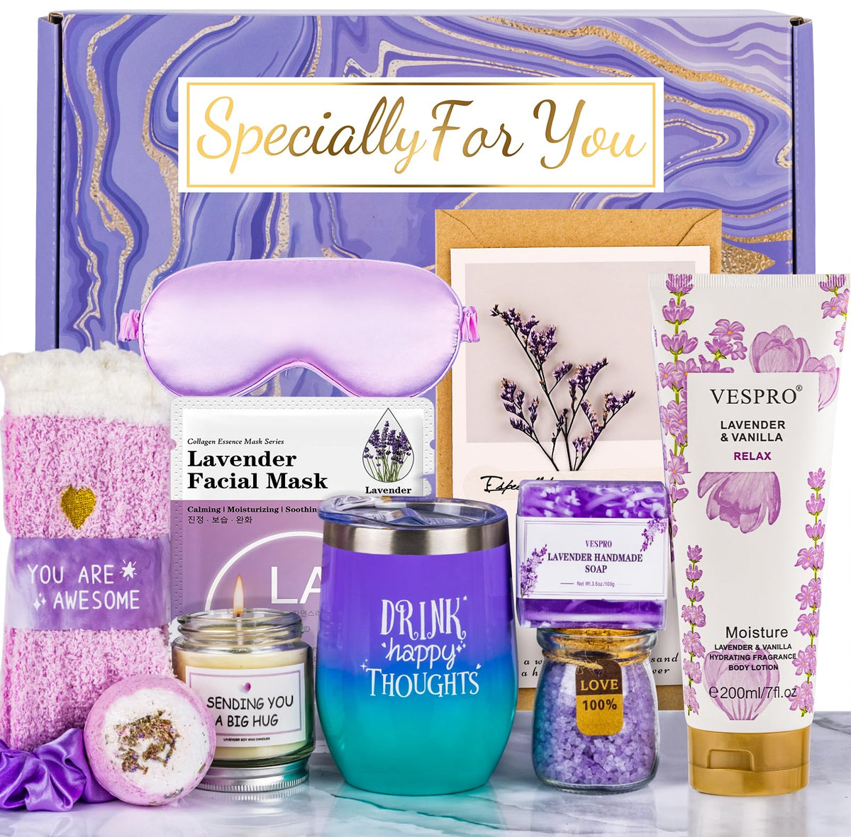 Vespro Purple Spa Gift Basket - Birthday & Get Well Soon Gifts For Women, Self Care Essentials