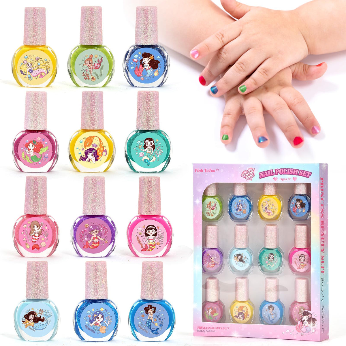 Pink Totoo Kids Nail Polish Set - 12 Non-Toxic Peel Off Quick Dry Colors For Ages 3+