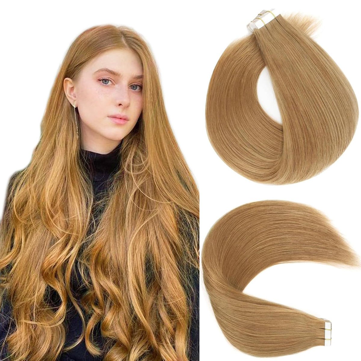 Lovrio Real Human Hair Tape Extensions, Colored Strawberry Blonde #27, 16&quot; Seamless Weft, 50G