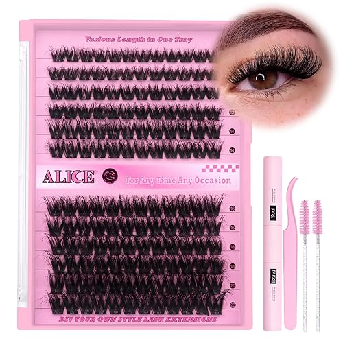 ALICE Lash Extension Kit - Fluffy Volume Cluster Lashes, D Curl, DIY Eyelash Application at Home