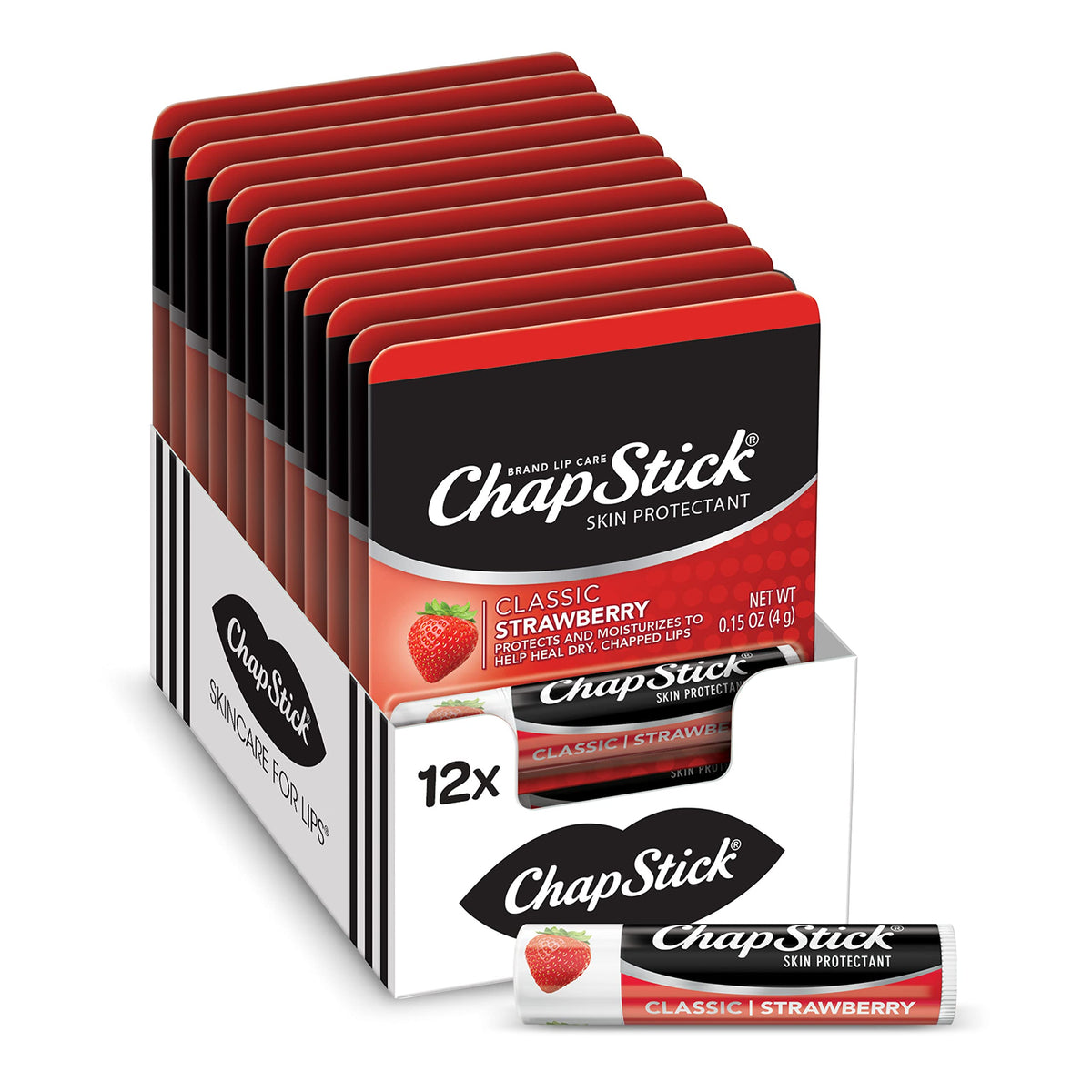 Chapstick Classic Strawberry Lip Balm, Moisturizer & Care, 0.15 Oz, Pack Of 12, Pink