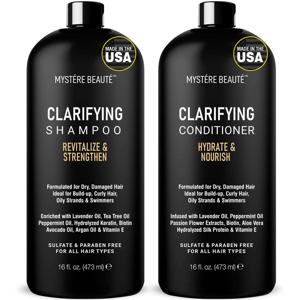 Mystére Beauté Clarifying Shampoo & Conditioner Set - Hydrating, Removes Buildup, 16 Fl Oz Each