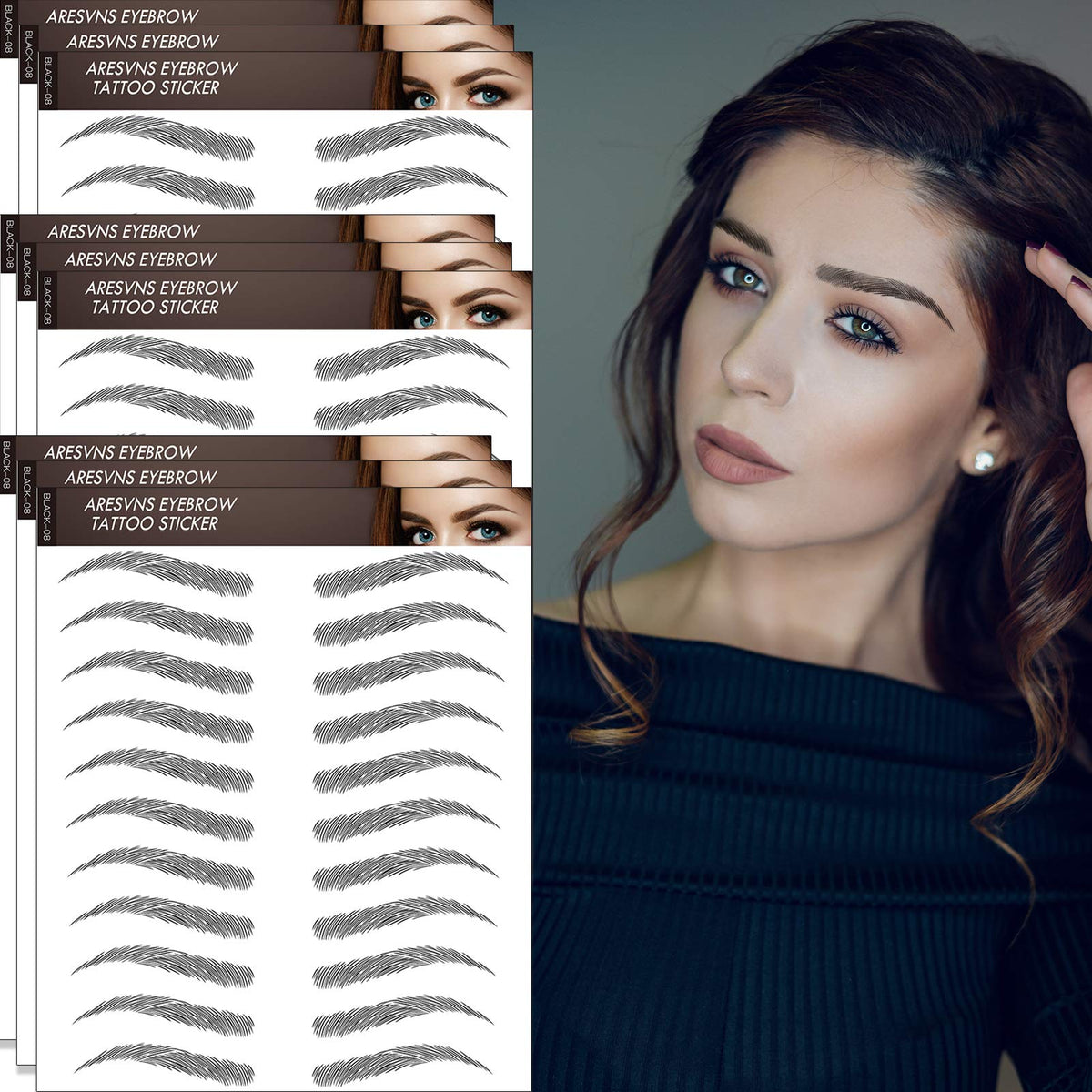 Aresvns Black Eyebrows Tattoo - 99 Pairs, Waterproof, Long-Lasting 4D Realistic Transfer Stickers