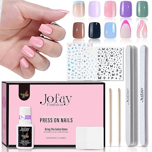 Jofay Fashion 240 Pcs Acrylic Press On Nail Tips - Short Square Fake Nails With Design