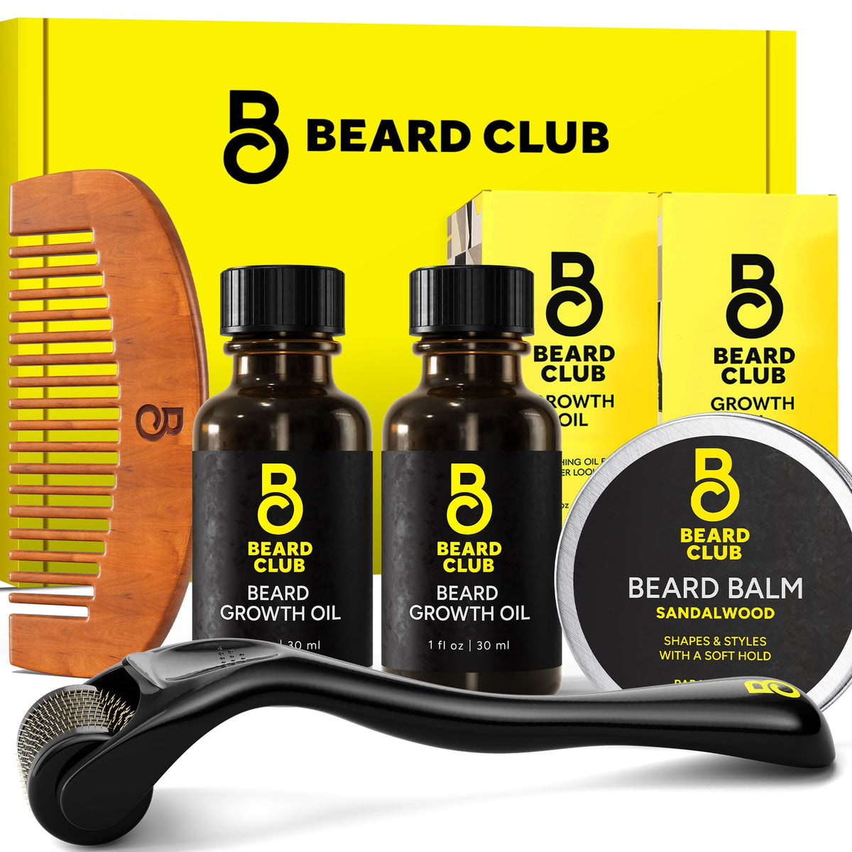 The Beard Club Enhanced Beard Growth Kit - Derma Roller, Oil & Balm Gift Set, 1Oz