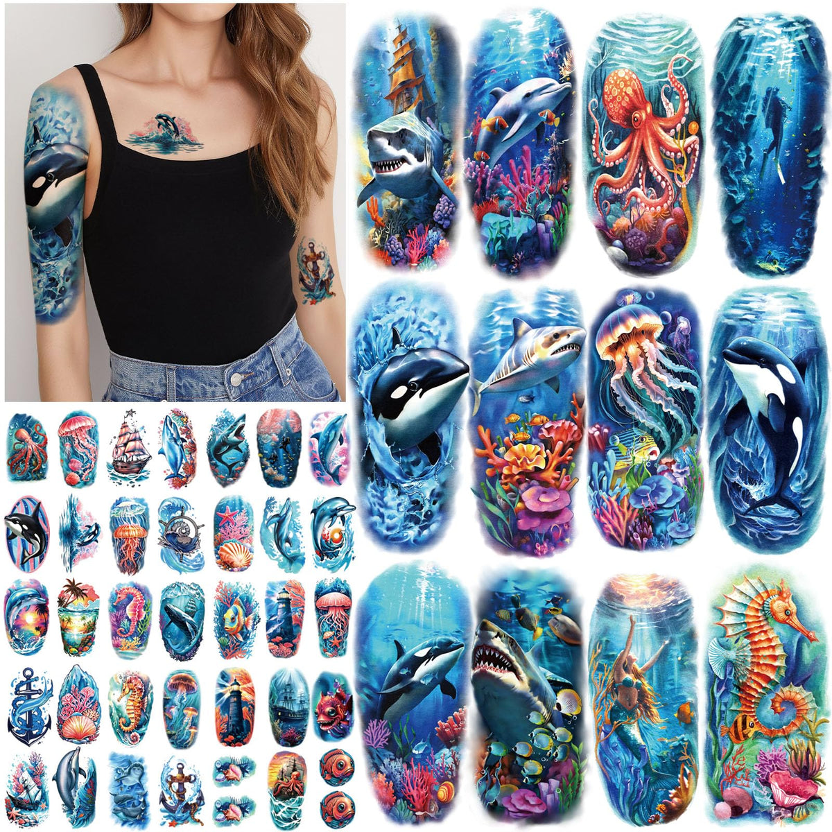 Atydkug 77 Sheets Ocean Temporary Tattoos For Adults & Kids - Realistic Shark, Dolphin & More