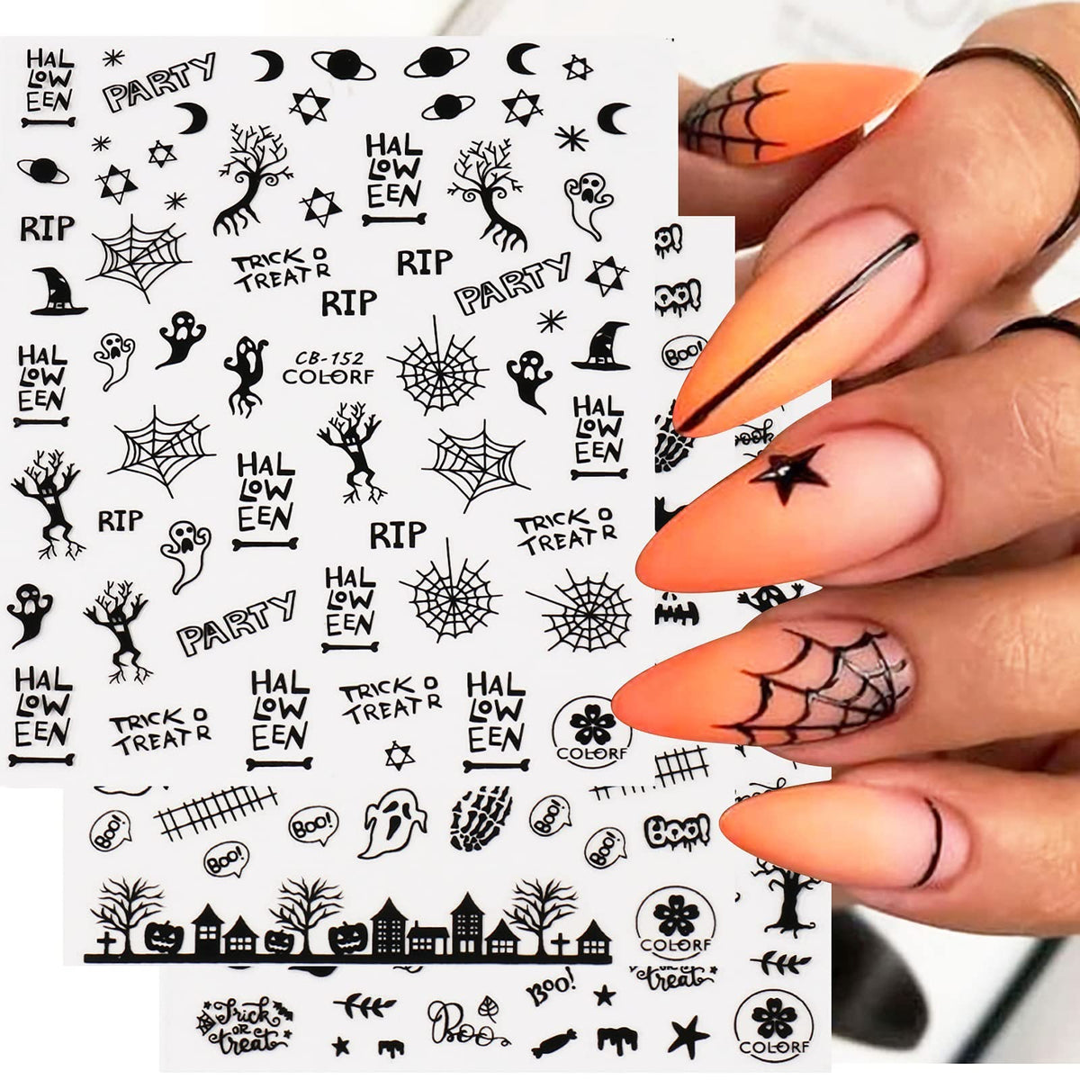 Llaoimb 9 Sheets Halloween Nail Art Stickers - 3D Self Adhesive Pumpkin Ghost Skull Designs